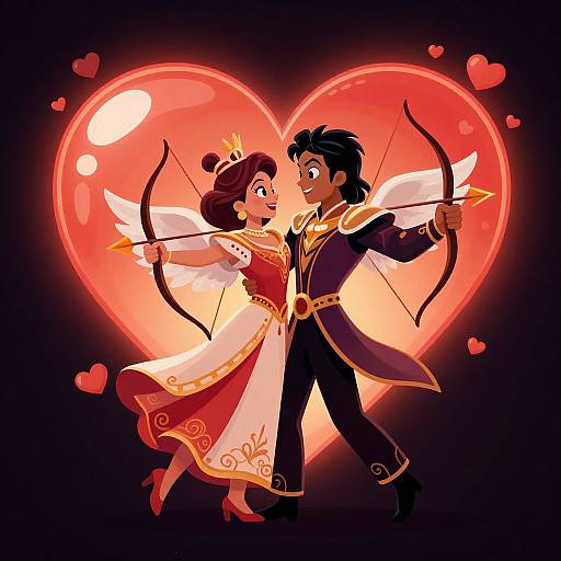 Digital cartoon of a romantic couple with angel wings, holding bows, in front of a glowing red heart, wearing ornate red and white outfits.