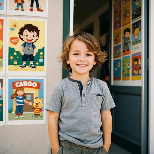 Smiling toddler boy in gray shirt and cargo pants