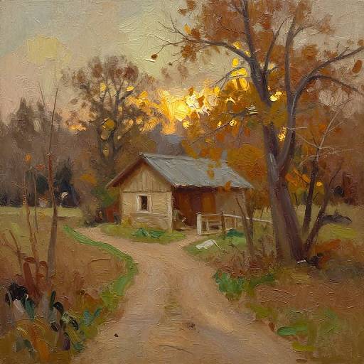 Impressionist-style painting of a rustic wooden cottage at sunset, with a dirt path, autumn leaves, and trees in the background.