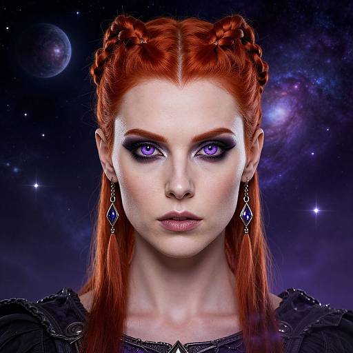 Photorealistic digital portrait of a pale-skinned woman with vibrant red braided hair, striking purple eyes, dark makeup, and purple earrings, set