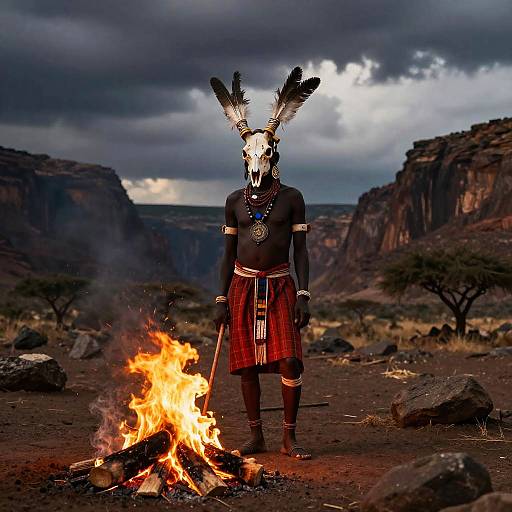 Photograph of a muscular, black-skinned man with a skeletal mask and feathered headdress, standing in front of a fire in a rocky,