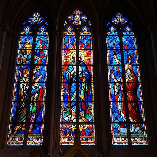 Photograph of vibrant, detailed stained glass windows in a Gothic-style church, featuring colorful religious figures and intricate patterns, illuminated by sunlight.