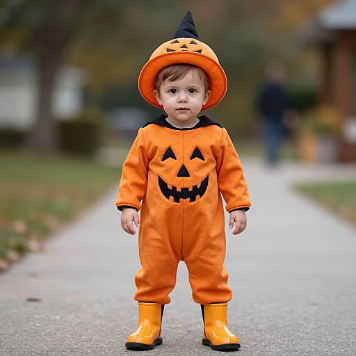 Photograph of a young child in an orange pumpkin onesie with a black witch hat and jack-o'-lantern face, standing on a suburban sidewalk