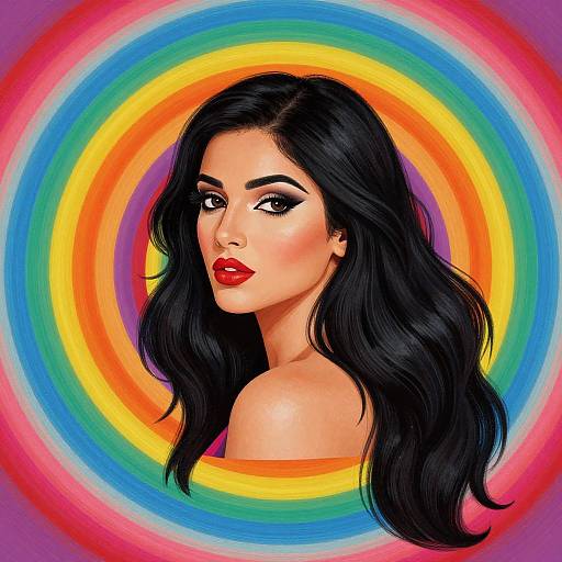Digital portrait of a woman with long black hair, red lipstick, and dark eyebrows, set against a vibrant rainbow spiral background.