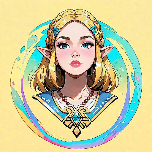 Digital illustration of Zelda from The Legend of Zelda, with blonde hair, blue eyes, elf ears, and Hylian outfit, set against a colorful circular
