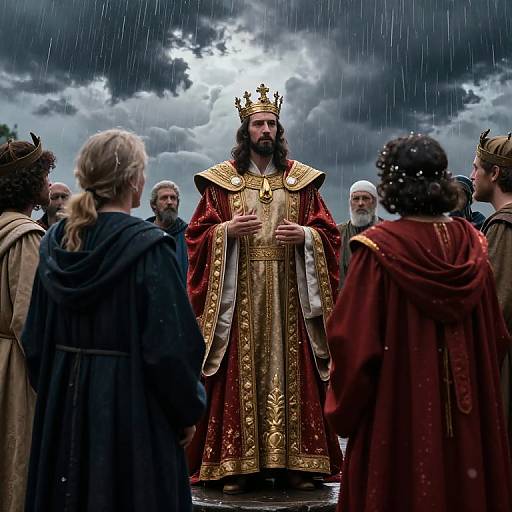 Regal Figure Addressing Cloaked Gathering