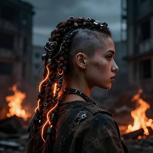 Photograph of a woman with cybernetic dreadlocks glowing with orange lights, profile view, wearing dark, textured armor, background of burning ruins at