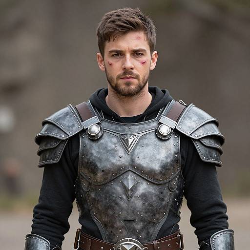 Photograph of a rugged, bearded man with short brown hair wearing black armor and black shirt, with a determined expression and a red mark on his