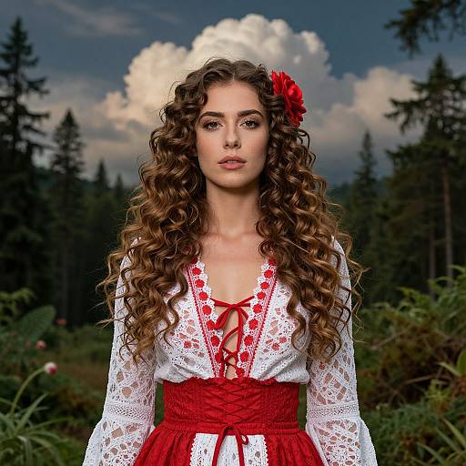 Photograph of a young woman with long, curly brown hair, wearing a white lace blouse with red embroidery and red skirt, adorned with a red flower