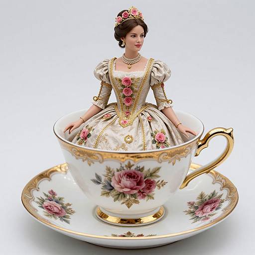 Photograph of a detailed porcelain doll with pink roses in her hair and dress, seated in an ornate floral teacup and saucer.
