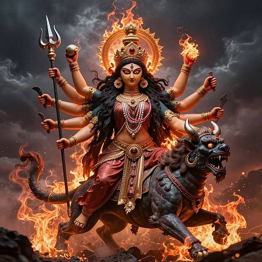 Digital art of a fierce, multi-armed goddess with black hair, red attire, golden jewelry, and a fiery halo, riding a fierce black dog