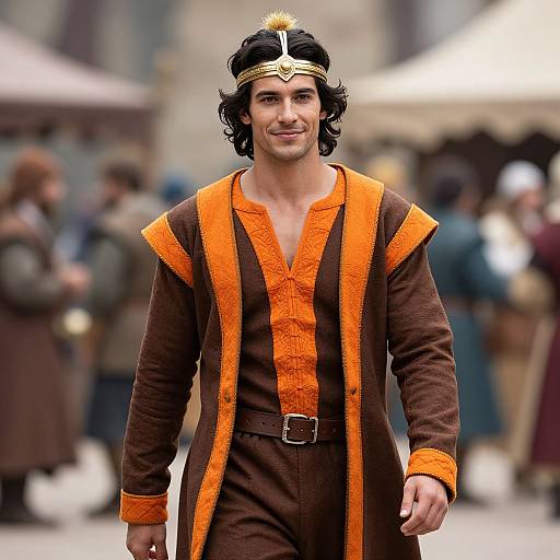 Photograph of a smiling man with wavy black hair, wearing an orange and brown medieval robe, gold headpiece, walking in a bustling outdoor market