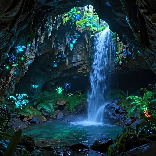 Photorealistic digital artwork of a bioluminescent cave with glowing blue plants, a cascading waterfall, and vibrant green ferns illuminated by eth