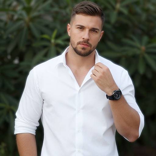 Photograph of a handsome, bearded man with short dark hair, wearing a white button-up shirt, black wristwatch, and dark pants, standing