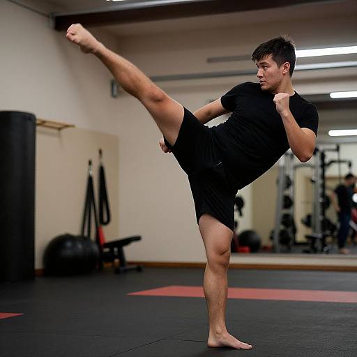 Photograph of a young, fit man with short dark hair, wearing a black t-shirt and shorts, performing a high kick in a gym with mirrored