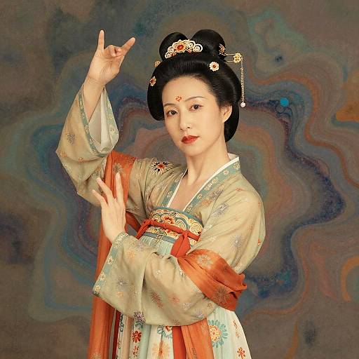Mature Woman in Tang Dynasty Hanfu with Folk Dance Pose