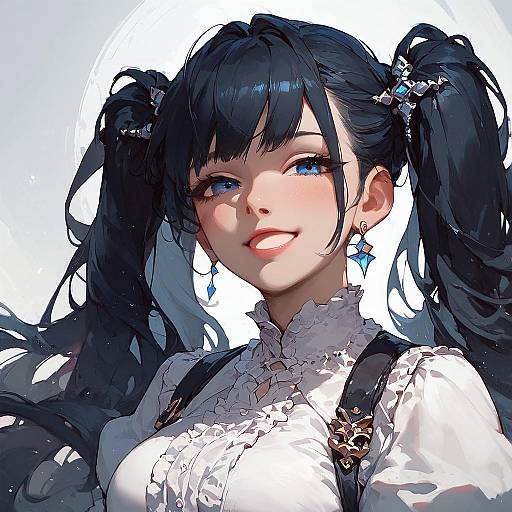 Grinning Black-Haired Twintail Anime Portrait
