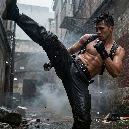 Photograph of a muscular, shirtless man with wet, spiky black hair, kicking high in a rainy, urban alley, wearing black pants,