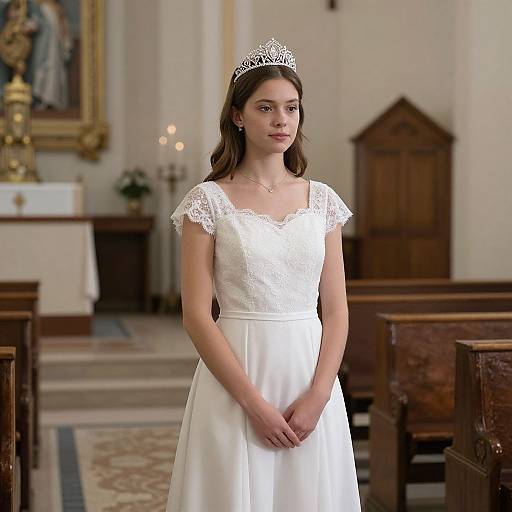Photograph of a young woman with light skin and brown hair, wearing a white lace dress, tiara, and standing in a church with wooden p
