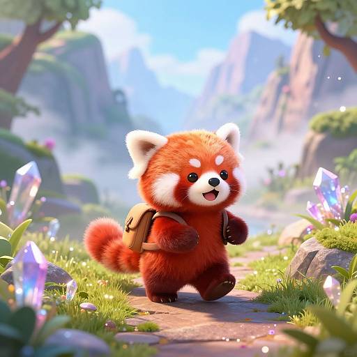 Joyful Red Panda Exploring Crystal Trail