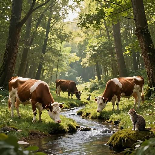 Ethereal Forest with Grazing Cows and Cats