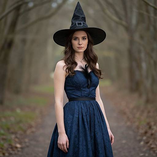 Photograph of a young woman with pale skin, brown wavy hair, wearing a black witch hat and lace dress, standing on a forest path with