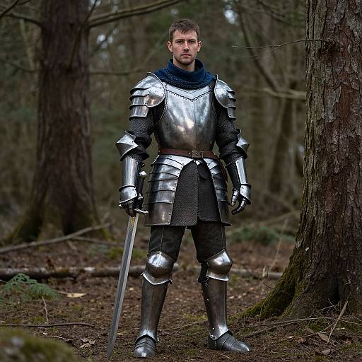 Photograph of a serious, bearded man in silver medieval armor standing in a forest, holding a sword with a dark blue scarf.