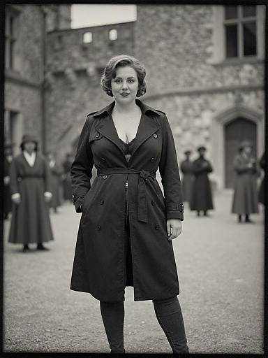 Black-and-white photograph of a confident woman in a belted trench coat, standing in a historic, brick courtyard with blurred figures in the background.