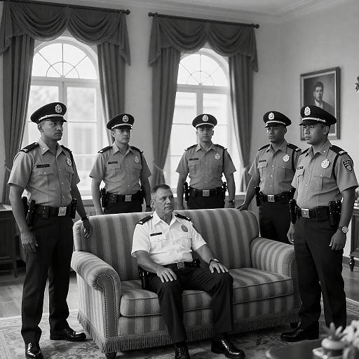 Black-and-White Police Group in Living Room