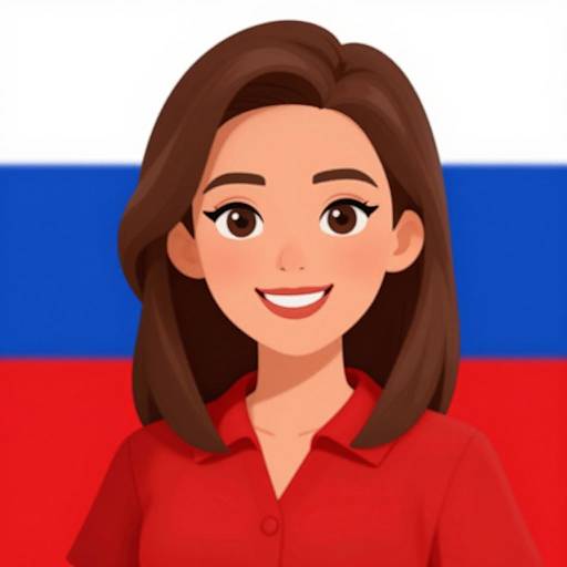 Digital cartoon of a smiling woman with brown hair, red shirt, and Russian flag background. Bright colors, anime-style, simple design.