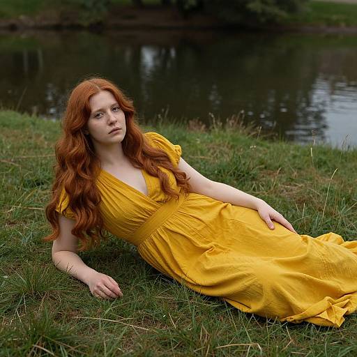 Photograph of a fair-skinned, red-haired woman in a yellow dress, reclining on grass by a serene lake, with lush greenery in