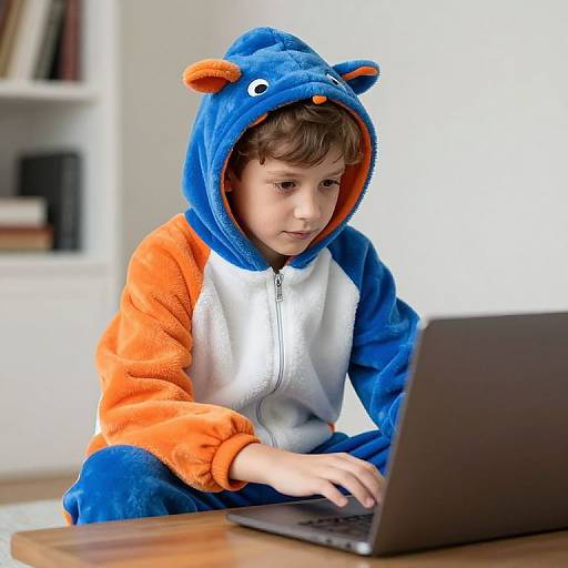 Photograph of a young boy with brown hair, wearing a blue and orange fish-themed hoodie, typing on a laptop in a bright room.