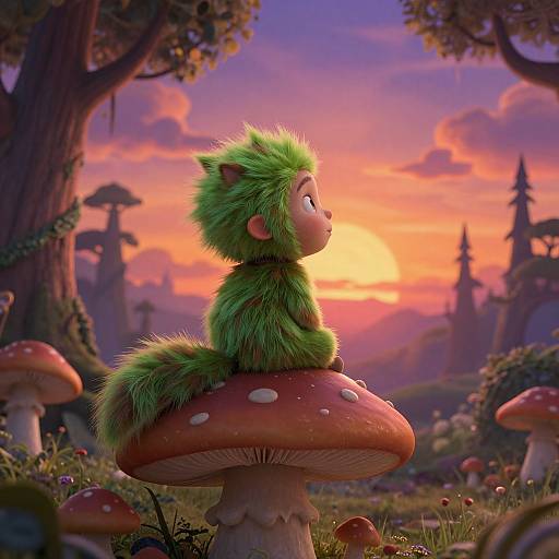 Digital art: Fuzzy green, cat-like creature sits on red mushroom at sunset in whimsical, colorful forest with large mushrooms and trees.