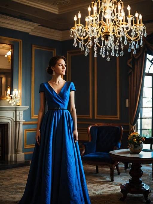 Elegant Blue Gown Under Chandelier