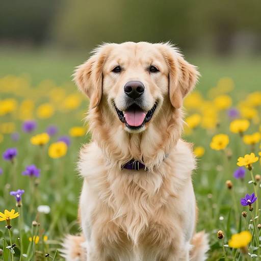 Photograph of a golden retriever with fluffy, cream-colored fur, sitting in a vibrant field of yellow and purple wildflowers, smiling with its tongue