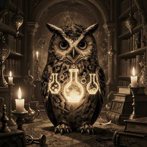 Digital illustration of a detailed, glowing owl with alchemical symbols on its chest, surrounded by lit candles and medieval library shelves.