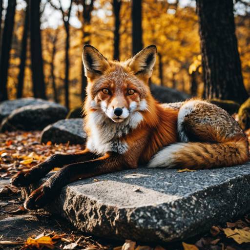 Red Fox Resting on Stone in Autumn Forest