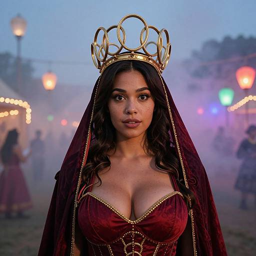 Photograph of a young woman with dark hair, large brown eyes, and medium brown skin, wearing a golden crown, red velvet dress with gold trim