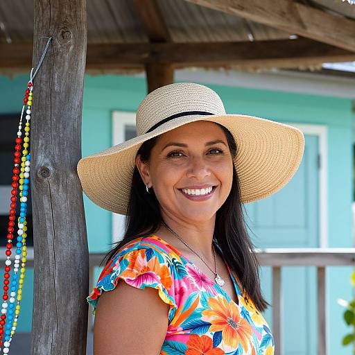 Photograph of smiling woman with long black hair, wearing a white straw hat and colorful floral dress, standing under a wooden roof. Background includes teal house