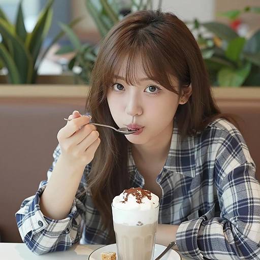 Asian Woman Enjoying Frothed Coffee Drink