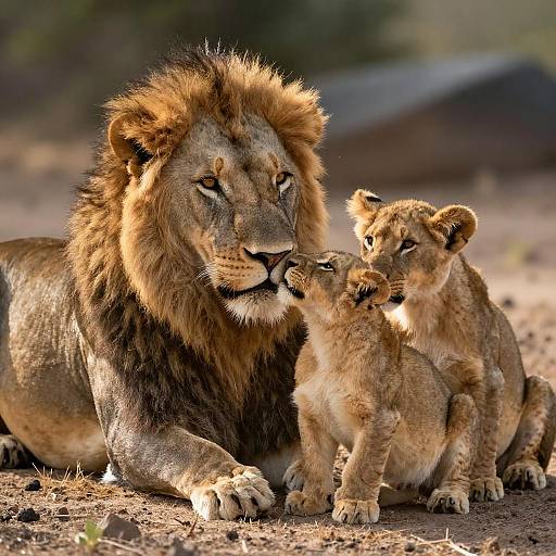 Male Lion with Two Lion Cubs