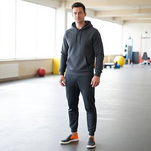 Photograph of a fit, young man with short dark hair, wearing a black hoodie, black joggers, and orange sneakers, standing in a brightly