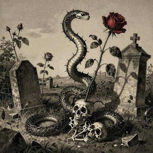 Dark, detailed digital illustration of a coiled snake with a rose in its mouth, skulls beneath, surrounded by gravestones and roses in a spooky