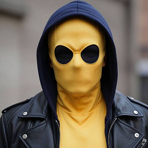 Photograph of a yellow mask-wearing man in a black leather jacket with a blue hood, wearing round black sunglasses, against a blurred urban background.