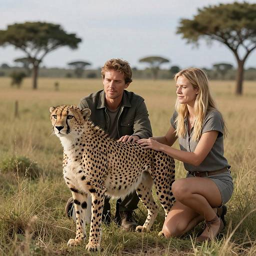 Kneeling Couple with Cheetah in Savanna