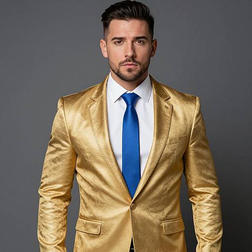 Photograph of a handsome man with short dark hair and beard, wearing a shiny gold suit, white shirt, and blue tie, against a plain dark