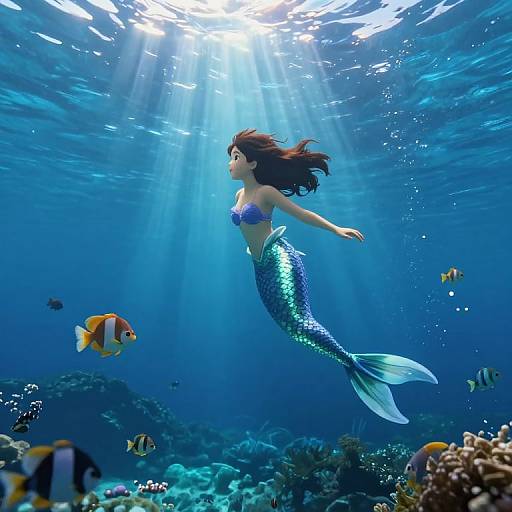 Photorealistic digital art of a blue-scaled mermaid with brown hair, swimming underwater amid colorful fish and coral, bathed in sunlight.