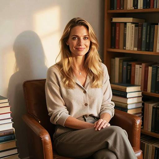 Photograph of a smiling blonde woman with wavy hair, wearing a beige button-up sweater and gray pants, seated in a leather chair in a sun