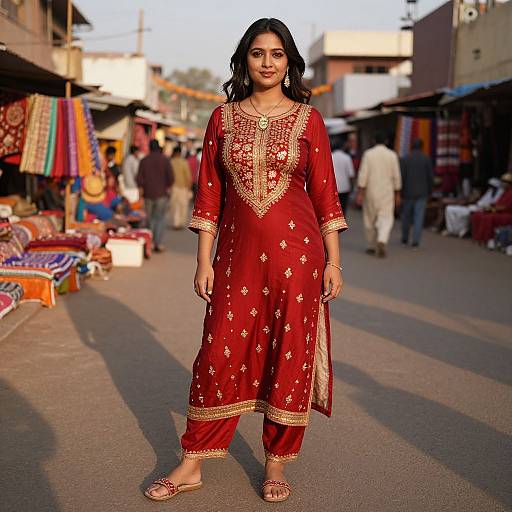 Photograph of a South Asian woman with dark hair in a red traditional Pakistani kameez and dupatta, standing in a bustling outdoor market, surrounded