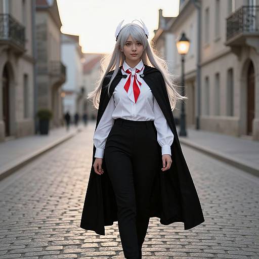 Photograph of a young Asian woman with long white hair, wearing a white shirt, black pants, red necktie, and black cape, walking down